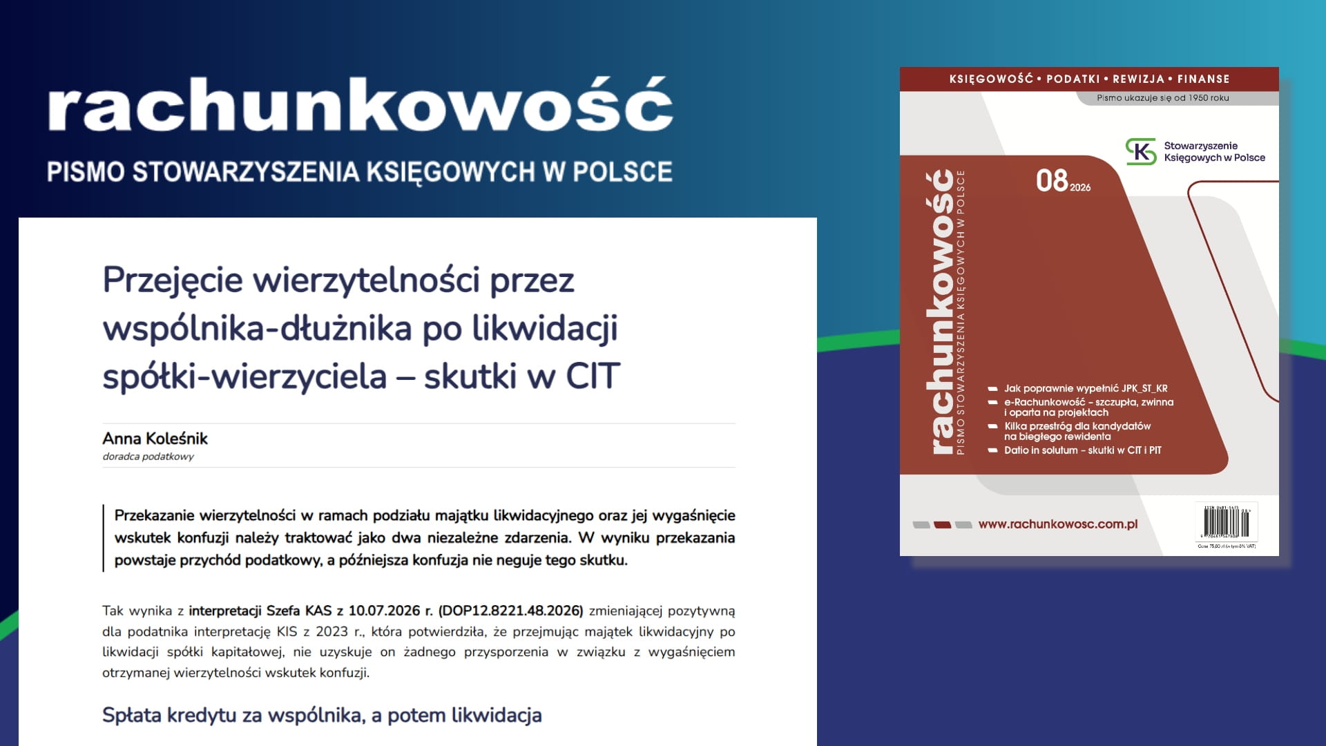 Przejęcie wierzytelności przez wspólnika-dłużnika po likwidacji spółki-wierzyciela – skutki w CIT